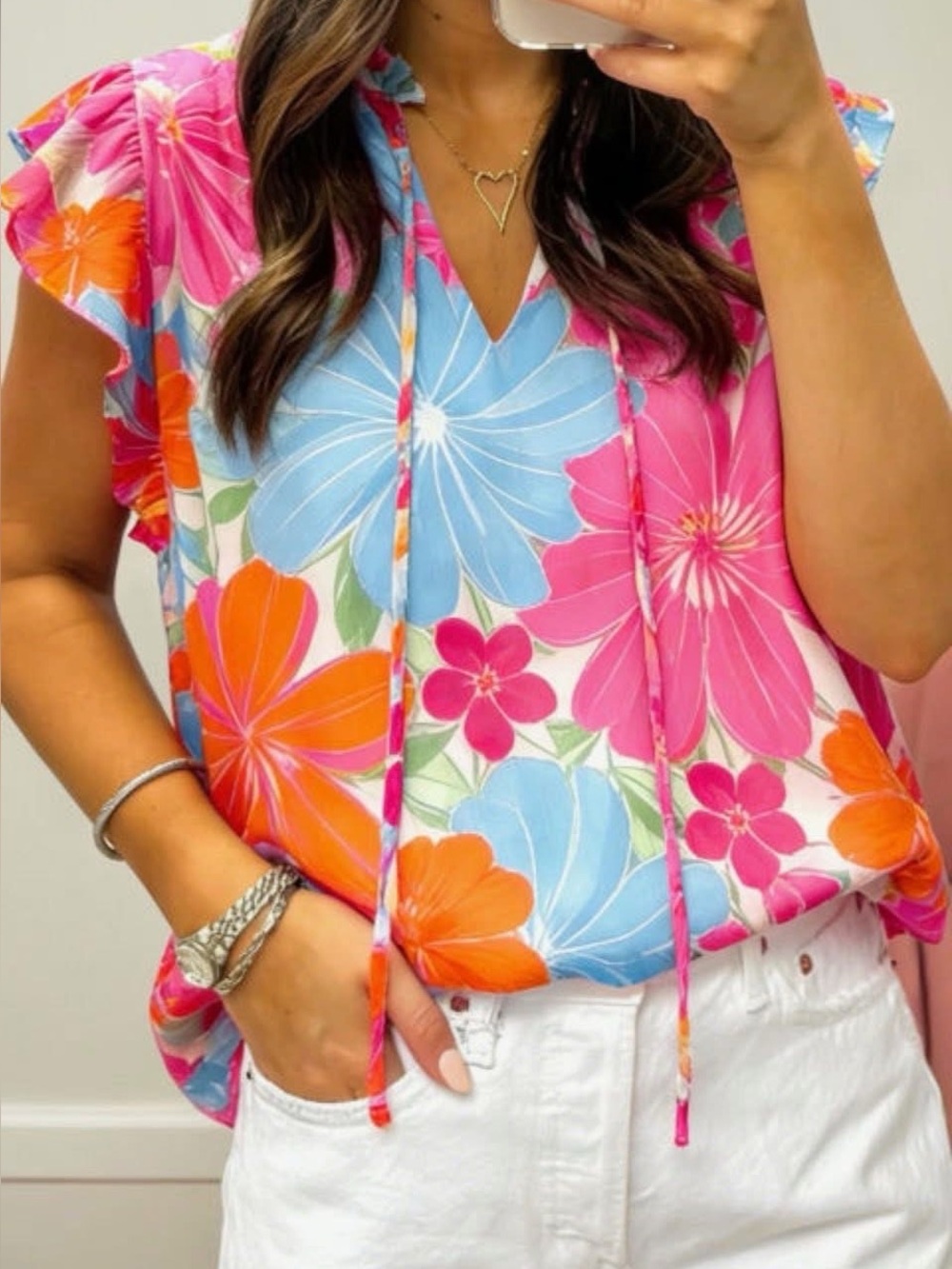 Floral Flutter Sleeve Women’s Top in Pink, Orange & Blue